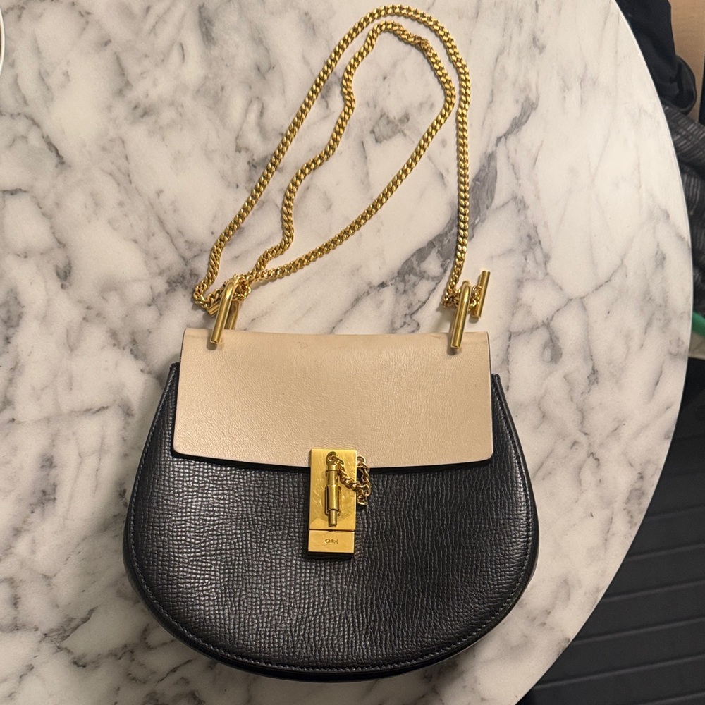 Chloe Medium Size Drew Crossbody in Black and Cream with Gold Chain